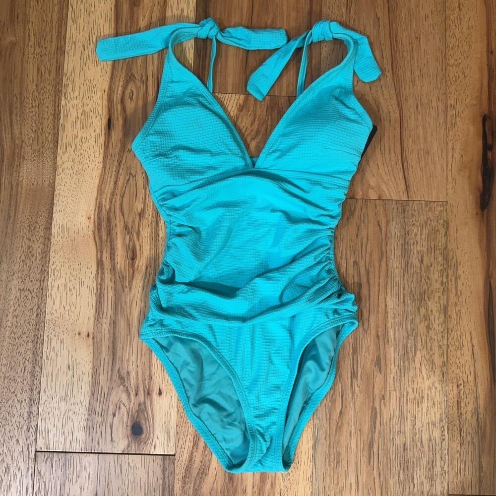 Ellen Tracy Swimsuit Sz 6 Seafoam Textured One Piece Tie Shoulder Ruched Beach